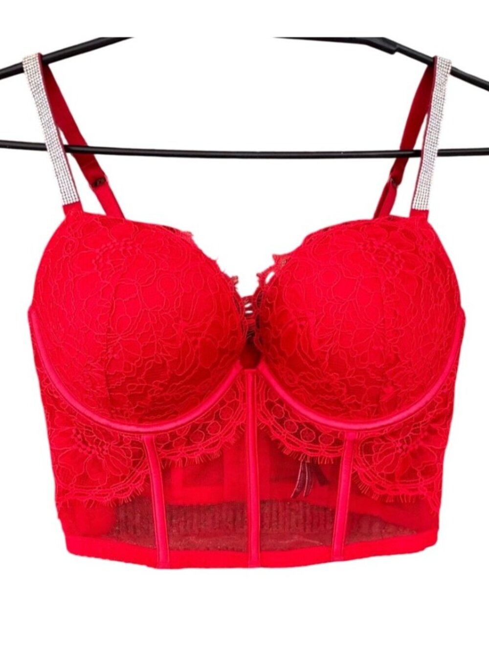 Victorias Secret Bra 34D Red Lace Longline Rhinestone Straps Push-Up Bustier